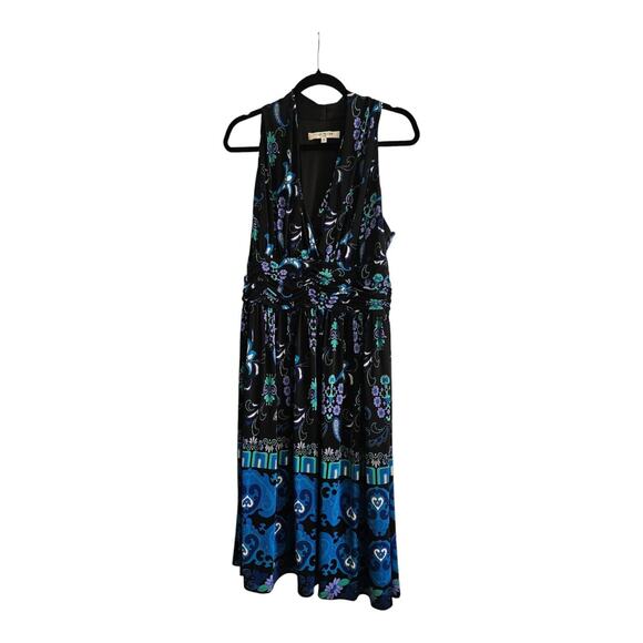 Evan Picone Halter Dress Black Multicolor Floral Midi Stretch Crossover V-Neck - Picture 1 of 6